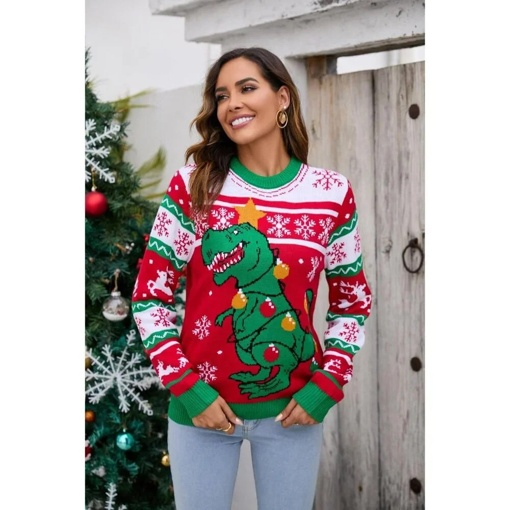 Women Red Cute Fuzzy Funny Wintertime Holiday Parties Knitted Pullover Sweater